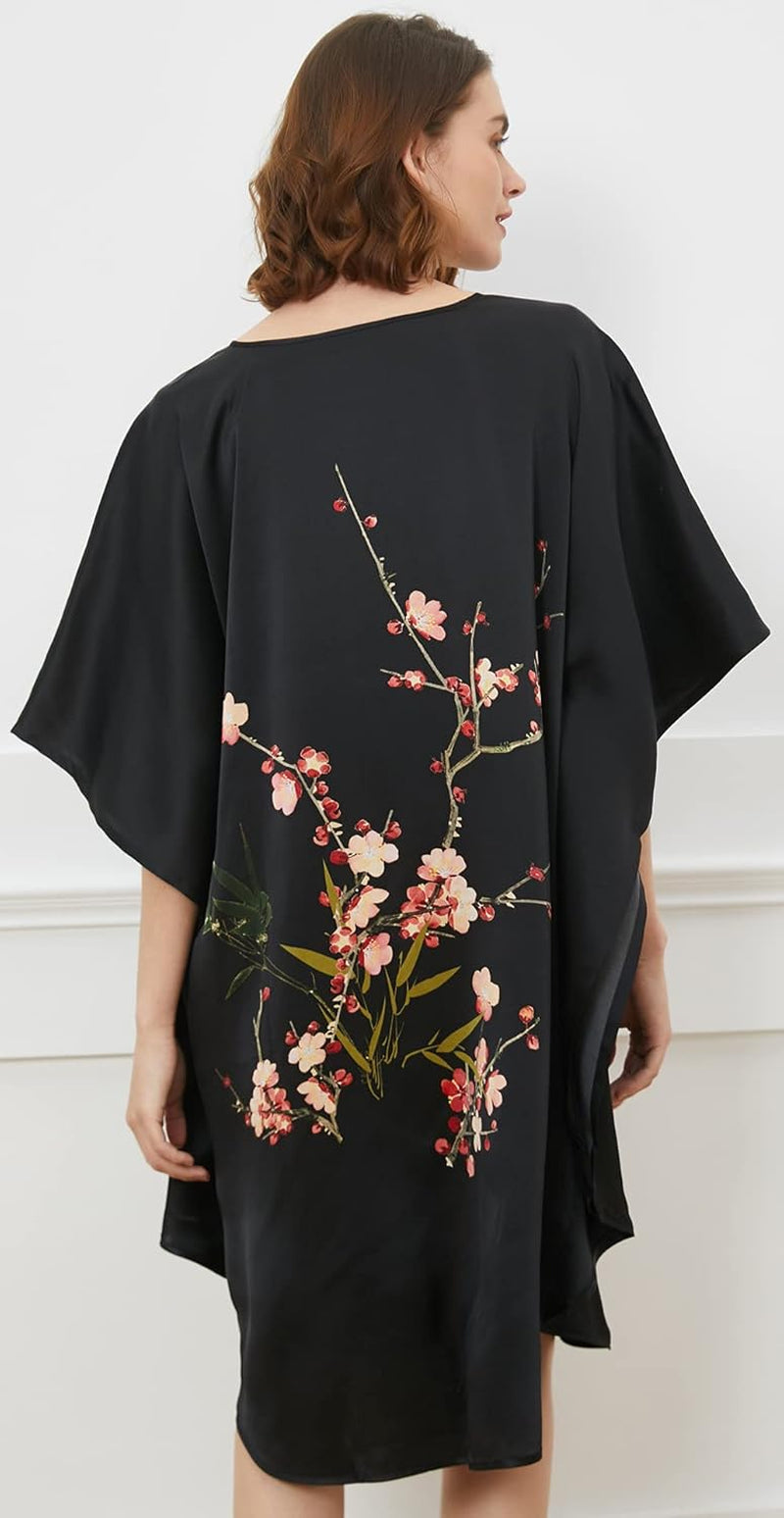 Women'S 100% Silk Short Robe Bathrobe Nightgown Pajama Sleepwear -Classic Batwing Sleeved (Black-C)
