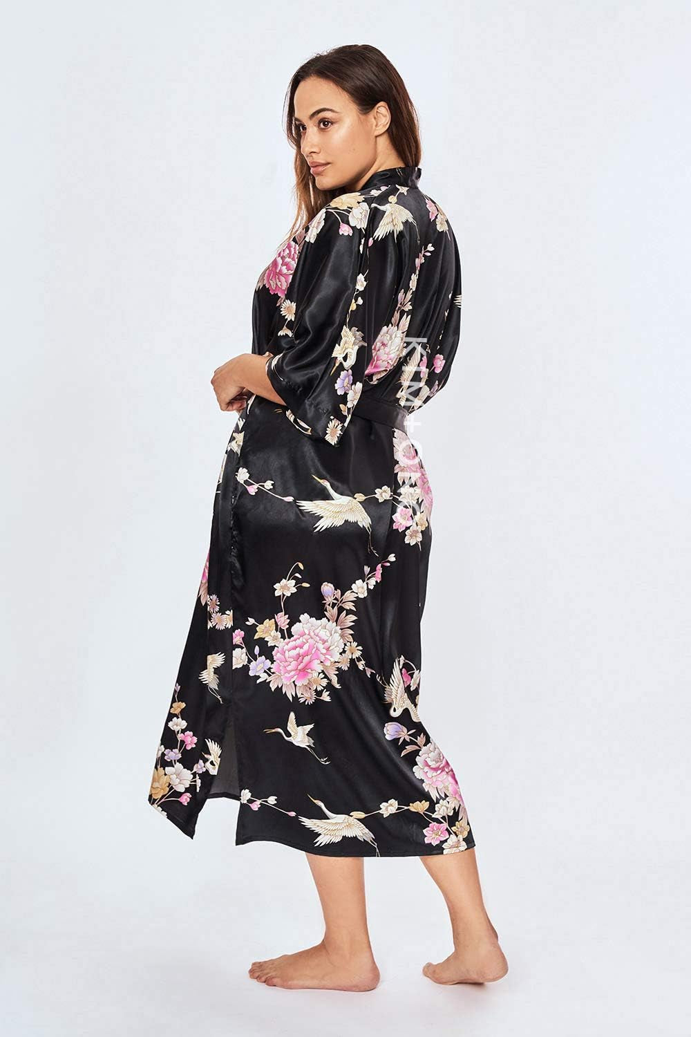 plus Size Women'S Satin Kimono Robe Long - Floral