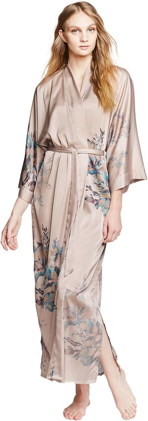 Women'S Charmeuse Kimono Robe Long - Watercolor Floral