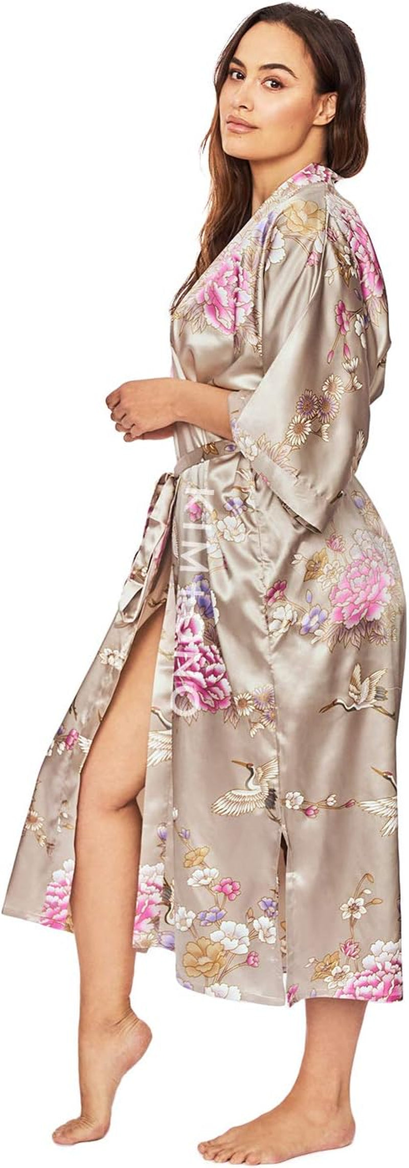 plus Size Women'S Satin Kimono Robe Long - Floral