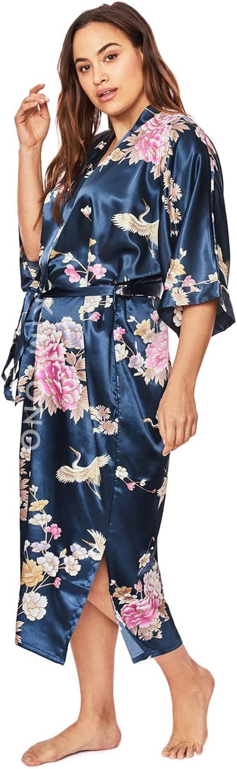 plus Size Women'S Satin Kimono Robe Long - Floral