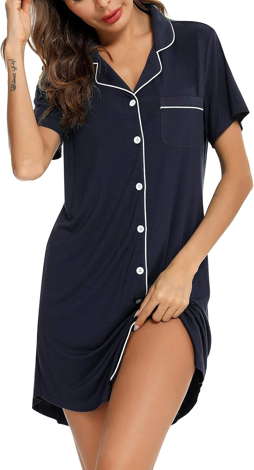 Nightgown for Women Sleep Shirt Short Long Sleeve Sleepwear Boyfriend Nightshirt Button down Pajama Dress S-XXL