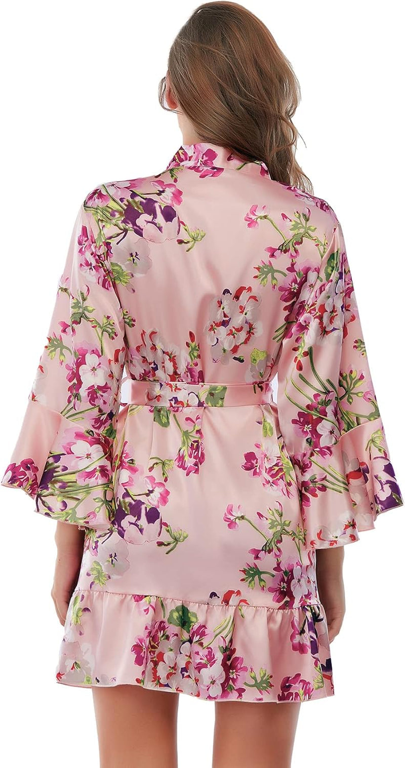 Women'S Silk Robe Kimono Bridesmaid Robes with Ruffle Hem V-Neck Floral Short Satin Wedding Bridal Party Robe,Pink Floral XL.
