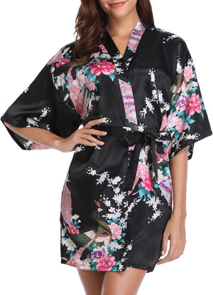 Womens Kimono Robes Dressing Gown Satin Bathrobe Nightdress Short Style Bridal Robe