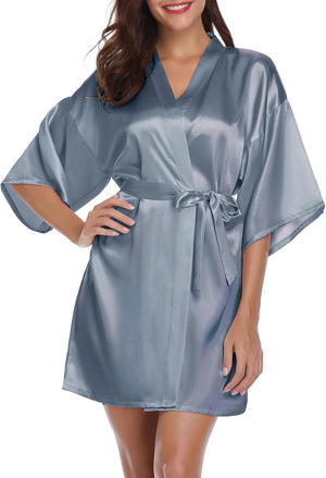 Womens Kimono Robes Dressing Gown Satin Bathrobe Nightdress Short Style Bridal Robe
