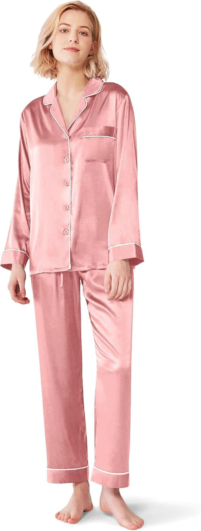 Silk Satin Pajamas Women'S Long Sleeve Pj Set Soft Button down 2 Piece Sleepwear Loungewear S-XL
