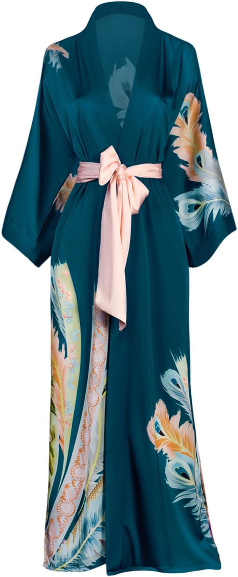 Women'S Charmeuse Kimono Robe Long - Watercolor Floral - Peacock Feather- Teal (Blue)